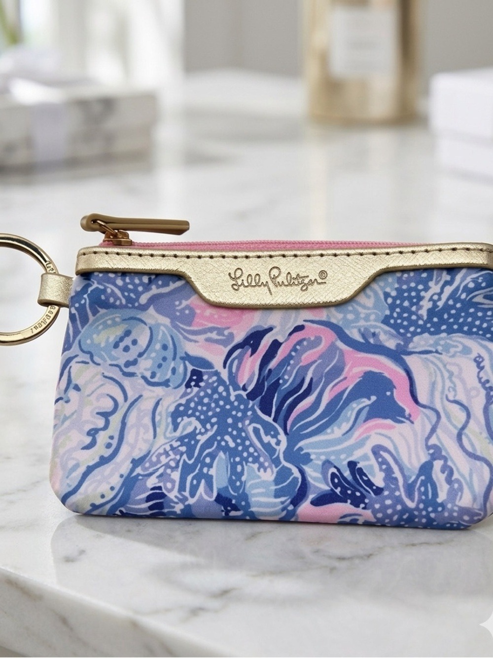Lilly Pulitzer Pink and Blue Patterned Keychain Top Zip Coin Purse w/ Card Slot